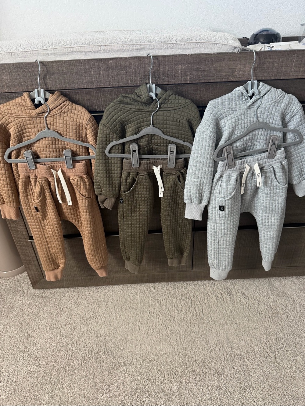 3 Olive & Scout Quilted Toddler Sets - Tan, Olive, Light Gray